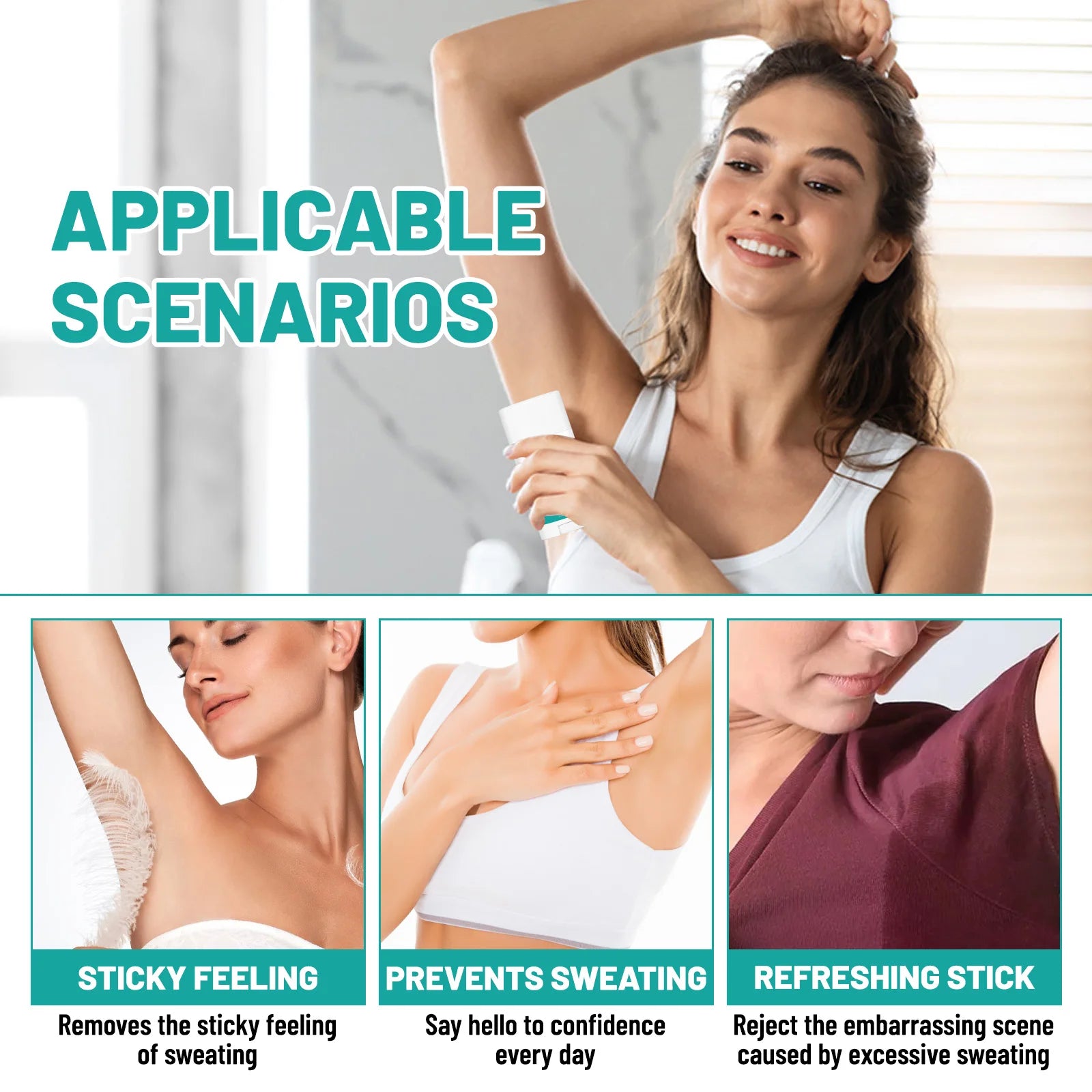 TILEST anti-sweat stick in white tube, showing sweat prevention for underarms for a fresh, dry feel.