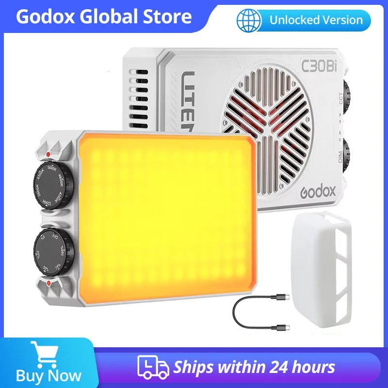 C30Bi rectangular LED video light in white with two control dials, yellow diffusion panel, silicone cover, and USB