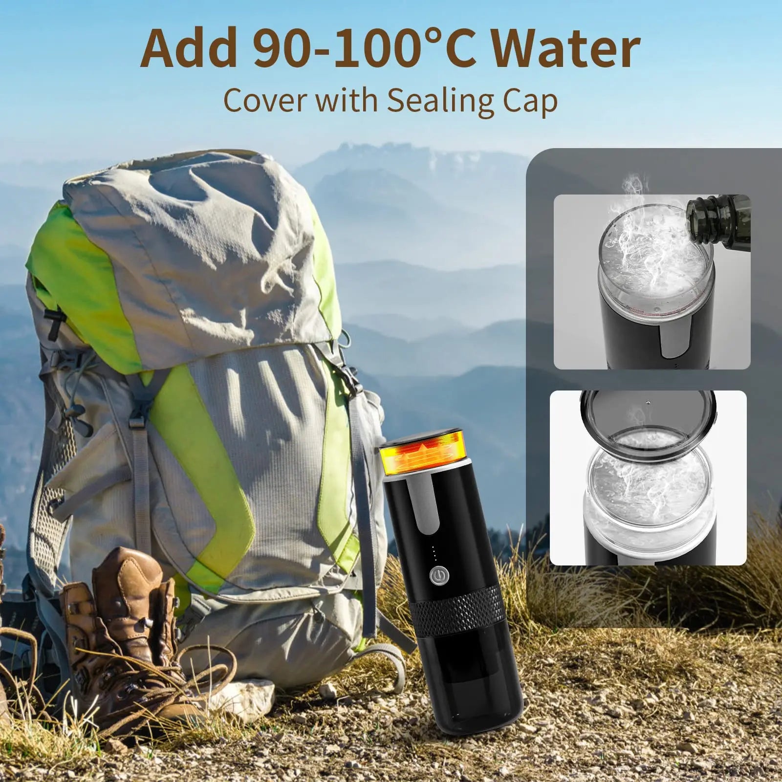 Portable black electric travel coffee maker with sealing cap, featuring an LED indicator, beside a hiking backpack.