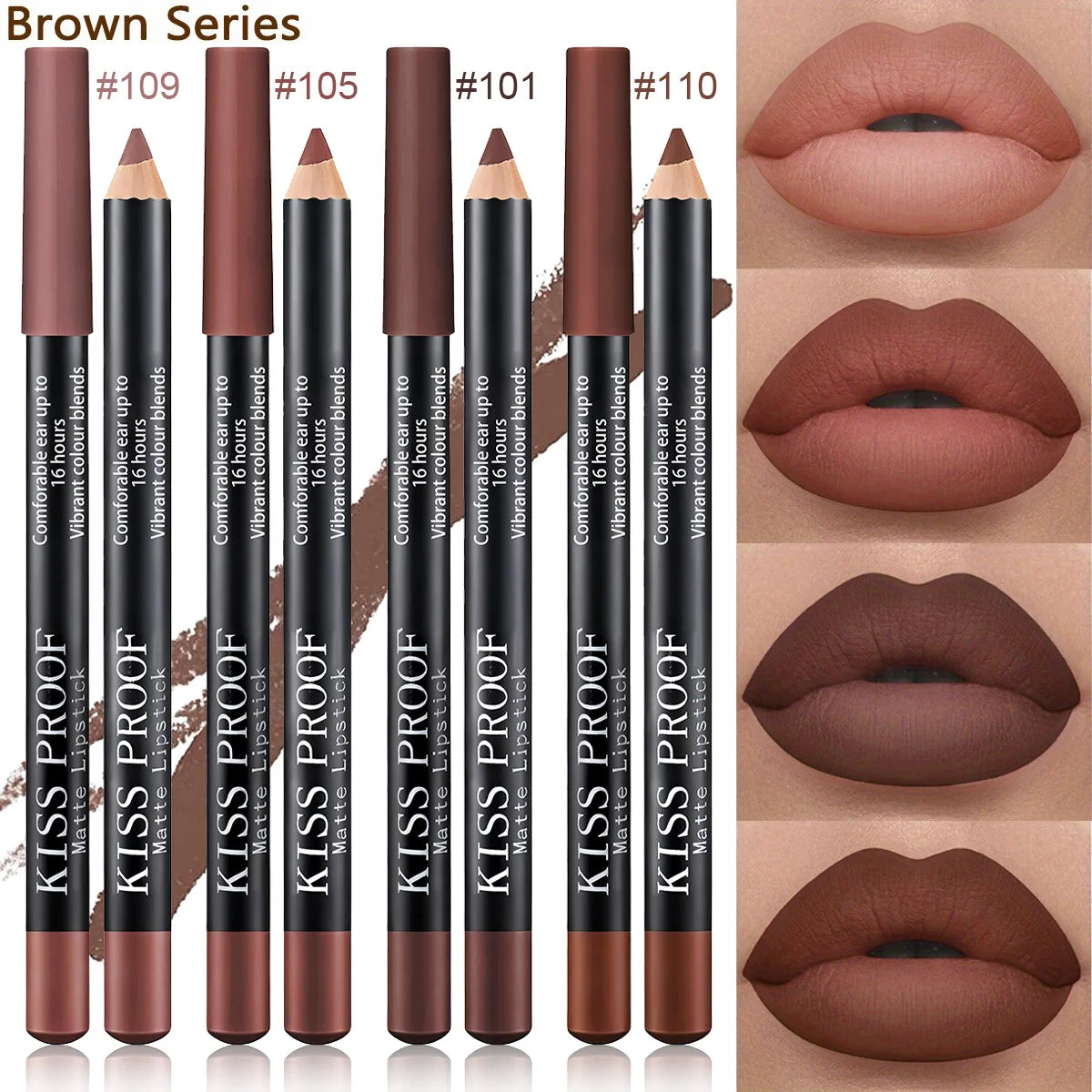 4-piece wood lipstick set in nude brown shades with a long-lasting, velvet matte, waterproof finish.