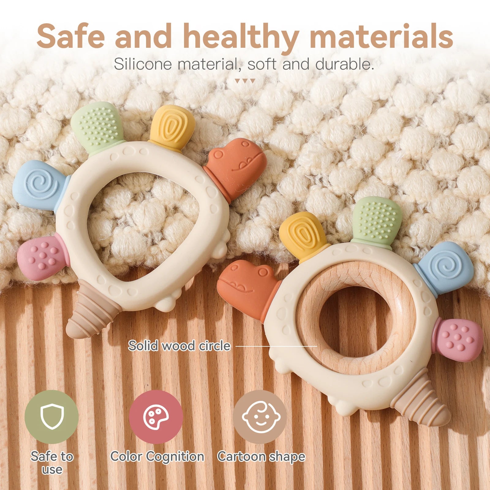 Baby Silicone Teether Toys,Perfect for Teething Toys 0-3-6 Months and Shower Gifts, BPA-Free, Ergonomic Dinosaur Wood Design.