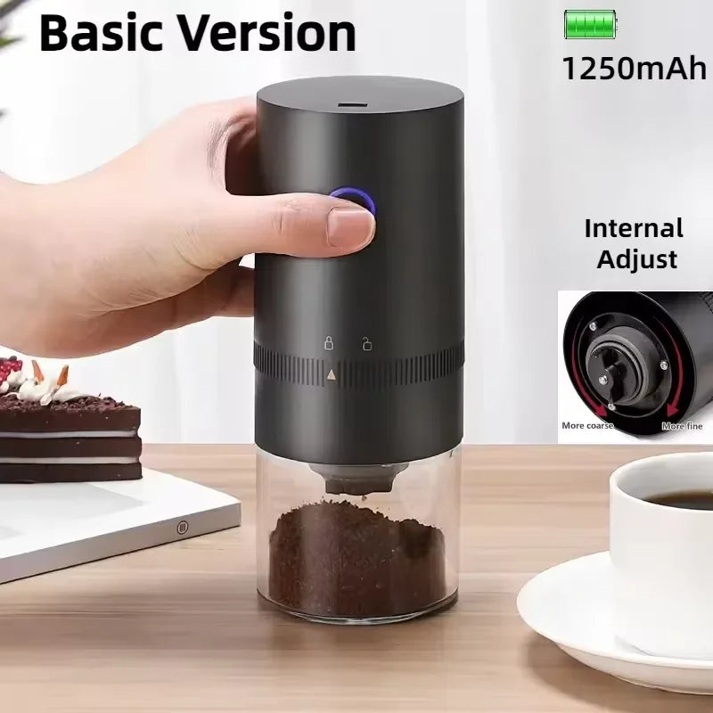 Portable electric coffee grinder, black, with 1250mAh rechargeable battery and internal grind adjustment settings.