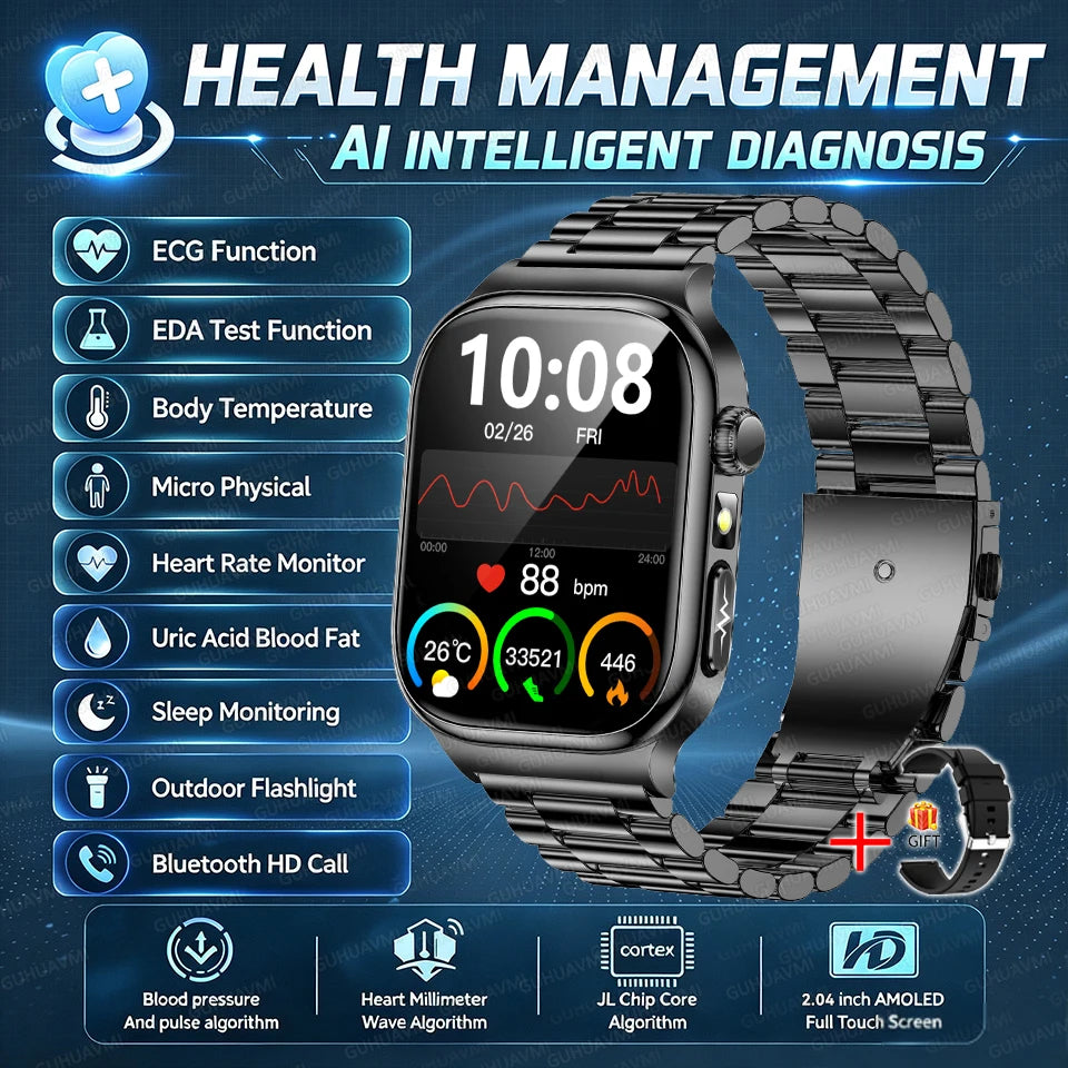 2026 New Accurate Diagnosis Smart Watch Body Fat ECG Blood oxygen BP Health Sport HD AMOLED Screen Call Smart Watches man woman