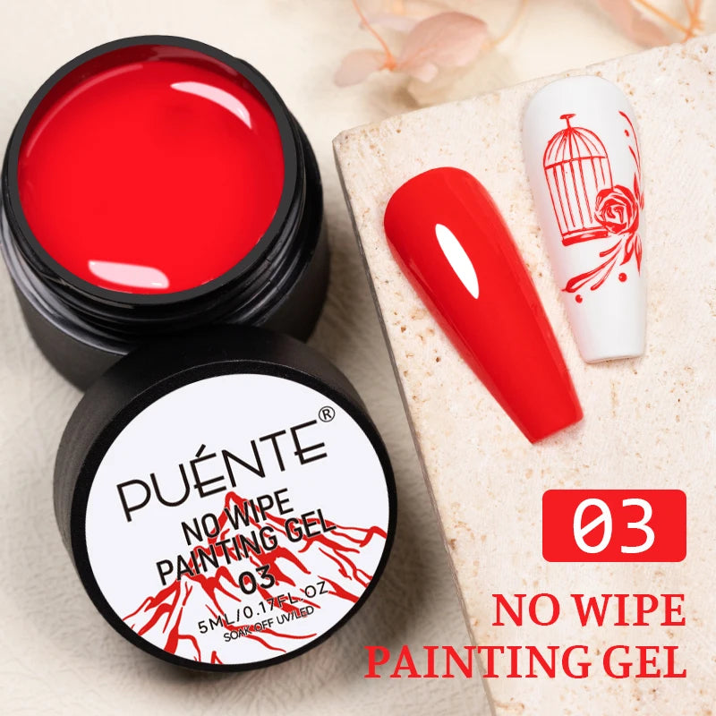 Bright red 5ml no-wipe nail painting gel in a small black jar, shown with a red-painted nail tip and rose cage art.