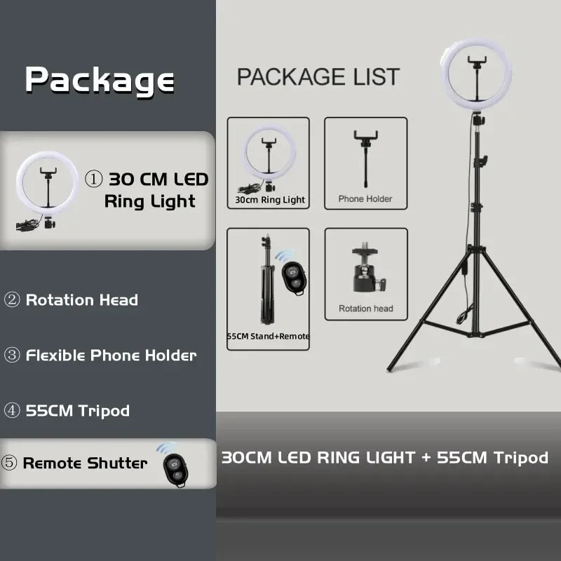 LED Ring Light With Tripod Stand - Dimmable Video Lamp for Content Creation 30Light BK55 Tidesmit