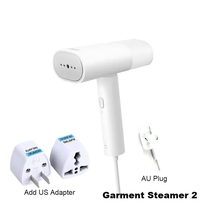 White handheld garment steamer with AU plug and included adapter plugs shown.