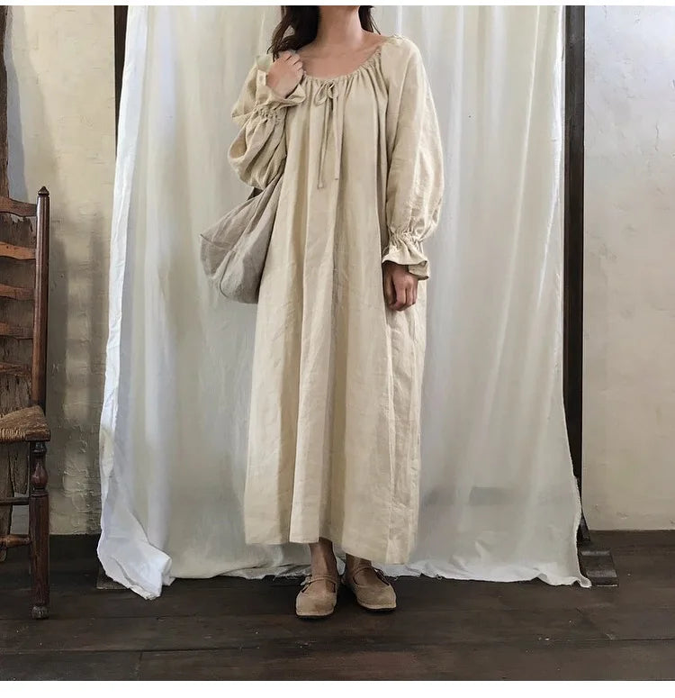 Original New Spring Vintage Cotton Linen Dress for Women Solid Long Sleeve Drawstring Linen One-Piece Dress Maxi Dress