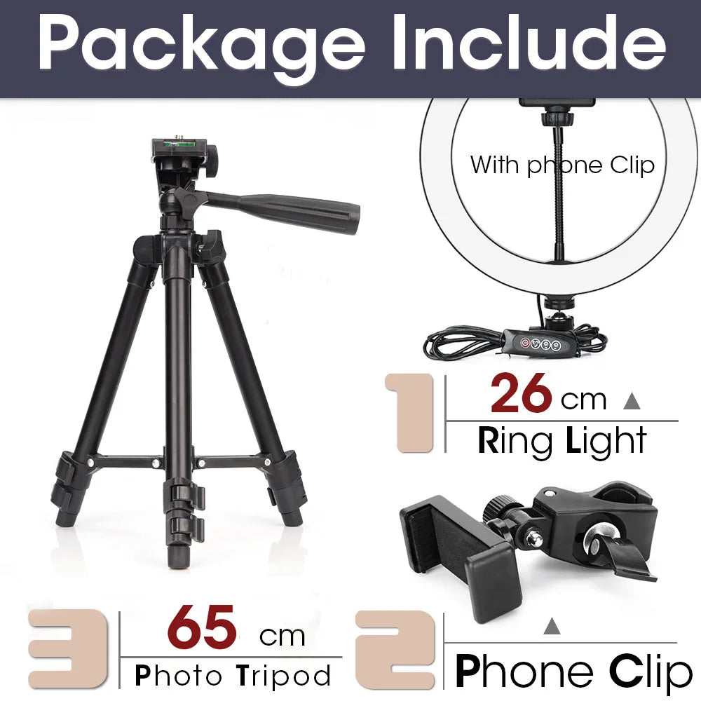 LED Ring Light with Tripod Stand for Live Streaming and Content Creation 26cm and 65cm Tripod Tidesmit