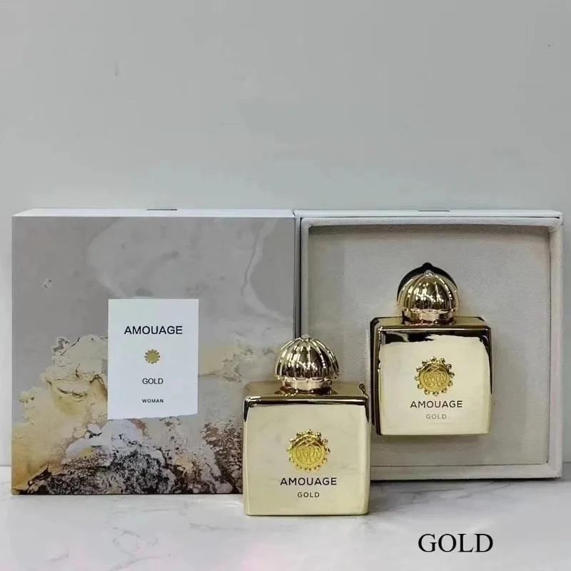 Amouage Gold Woman luxury perfume: 100ml floral oriental chypre scent, gold bottle, musk, vanilla, amber, woody notes.
