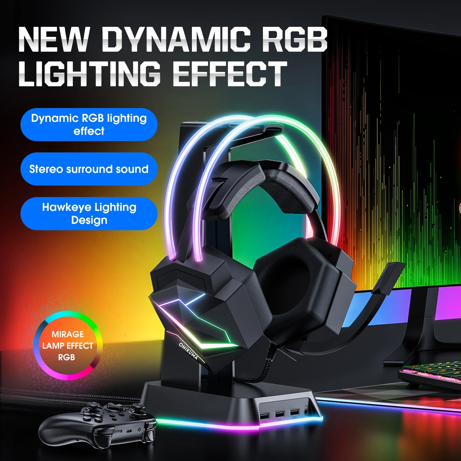 Tidesmit Gaming Headset with Surround Sound & Mic, Over-Ear Wired Black Tidesmit