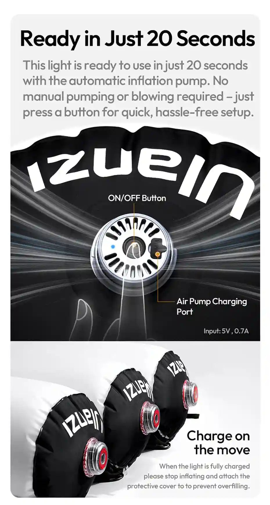 Inflatable light with built-in air pump, black and white circular design, rechargeable via USB port.