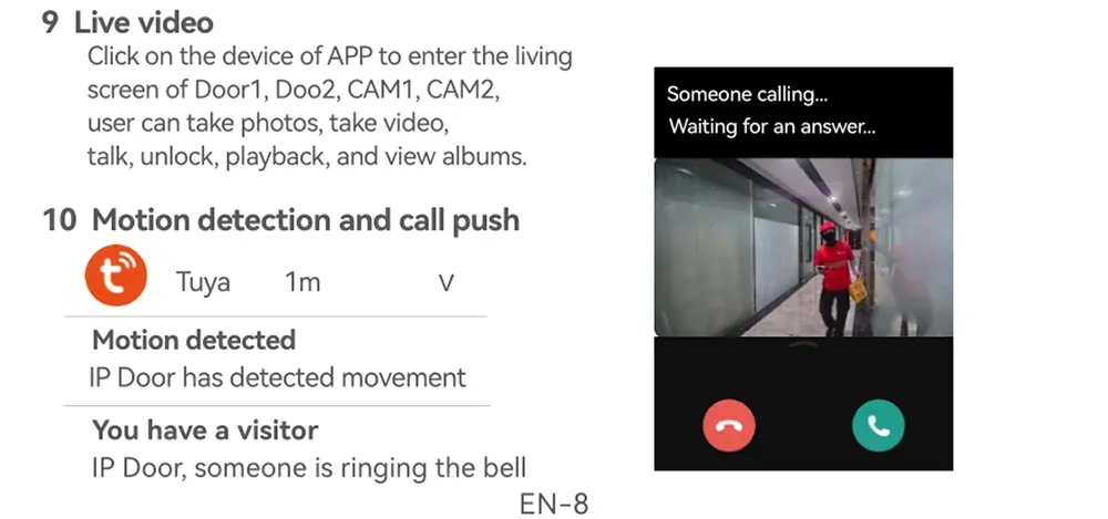 WiFi video doorbell intercom: black door panel with camera lens and app call screen