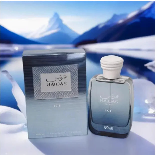 Rasasi Hawas Ice EDP 100ml: Luxury unisex blue perfume in a sleek bottle, perfect for men and women, fresh icy scent.