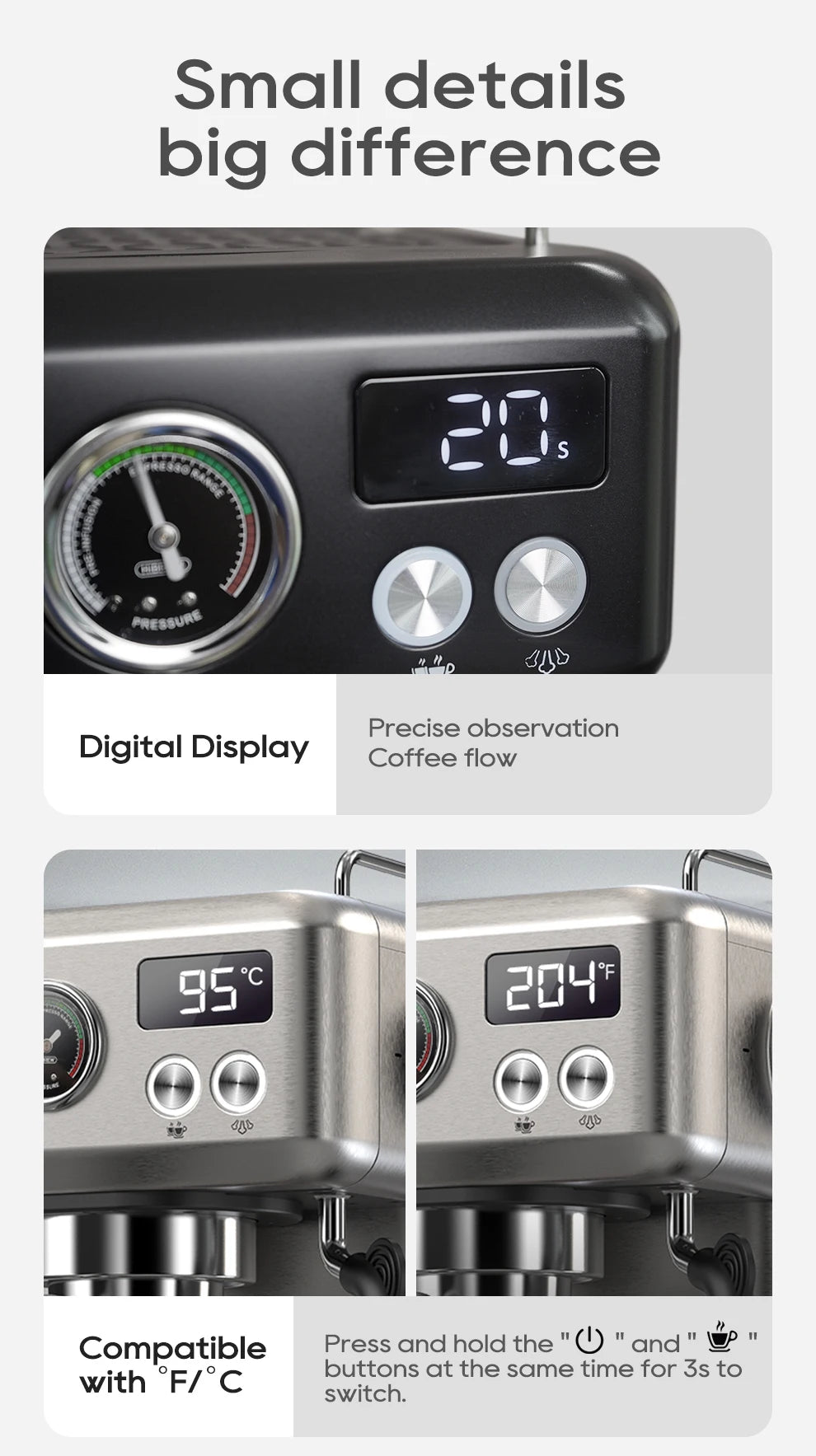 Black and stainless steel espresso machine featuring digital temperature and pressure displays for precision brewing.