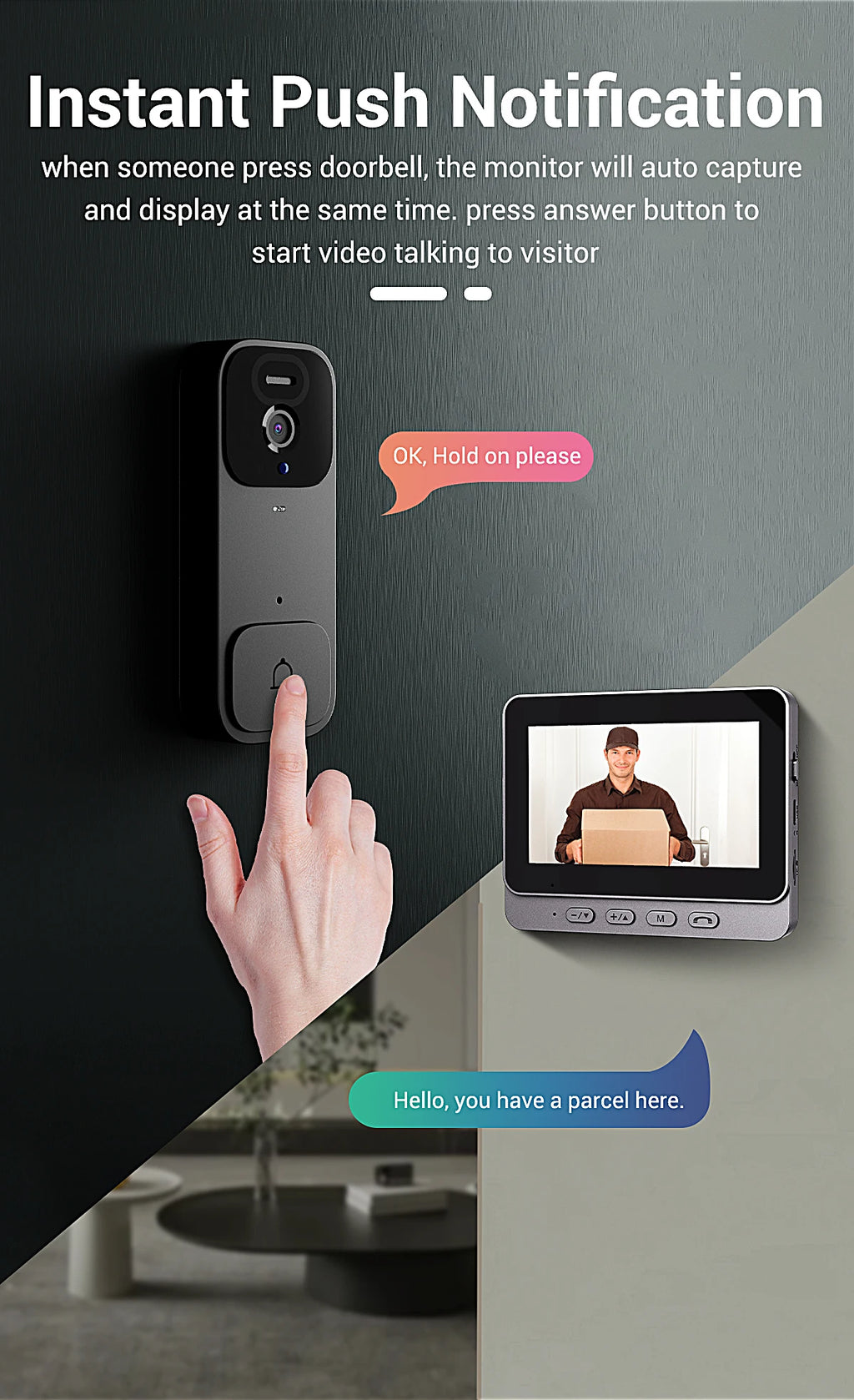 Home Security Smart Video Doorbell 4.3-inch Screen 2-Way Intercom HD Infrared Night Vision Intelligent Visual Wireless Door Bell
