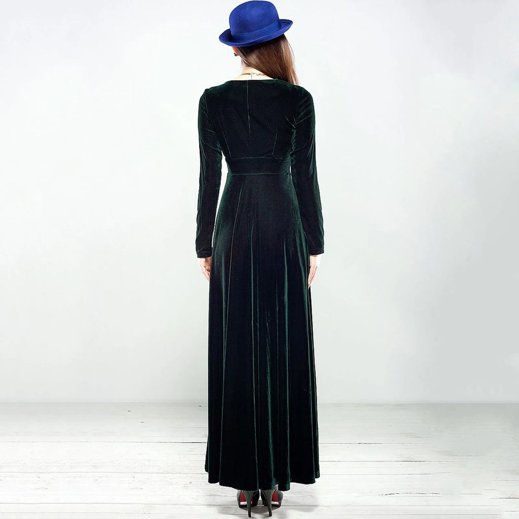Vintage Women Autumn Long Sleeve V Neck Pleated Velvet Banquet Party Maxi Dress Party Wedding Elegant Evening dress 