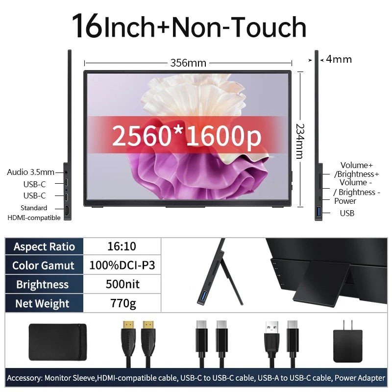 VCHANCE 16 Inch 2.5K Portable Monitor 16:10 2560*1600p 100%DCI-P3 500Nit Travel Second Gaming Display for Laptop Xbox Switch PS4