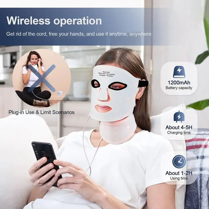 White LED light therapy mask and neck piece for facial skin rejuvenation with a wireless, rechargeable design.