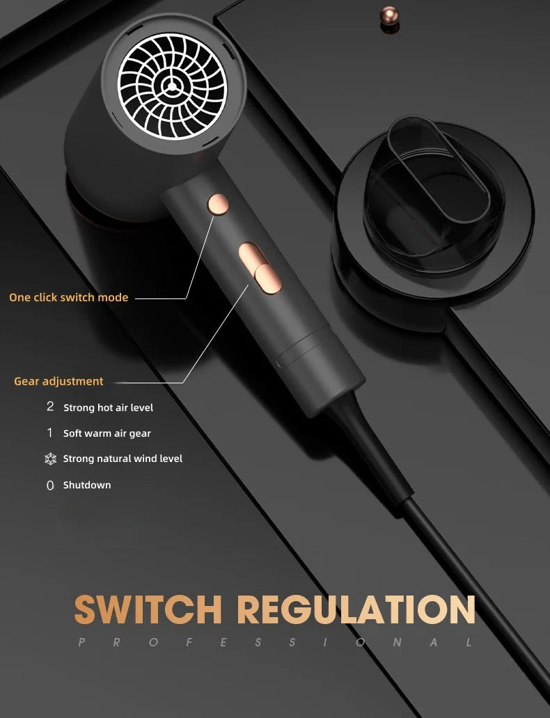 Matte black 1600W hair dryer with rose gold accents, wall-mounted design, magnetic nozzle, and adjustable heat settings.