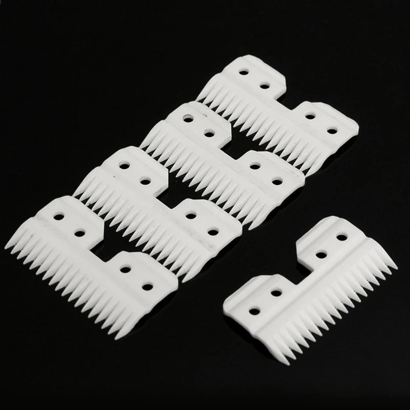 White ceramic replacement cutter blades for A5 pet grooming clippers for smooth, cool, and precise hair cutting.