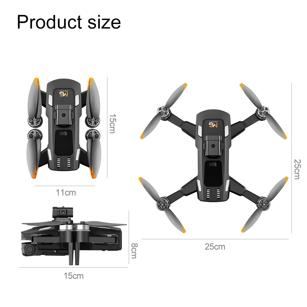 M5 foldable drone in matte black with orange tips. Dimensions shown for folded and unfolded states.