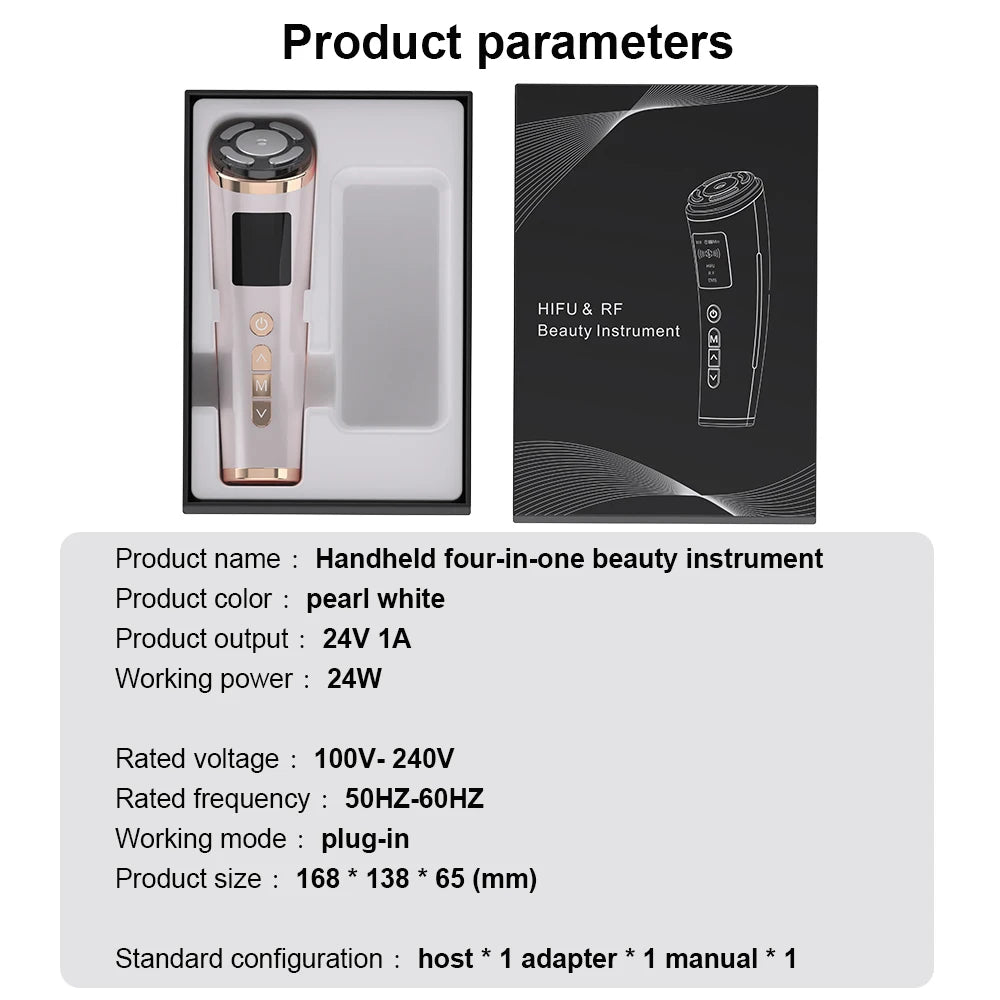 Pearl white mini HIFU and RF facial lifting massager with EMS microcurrent for home anti-aging skin care treatment.