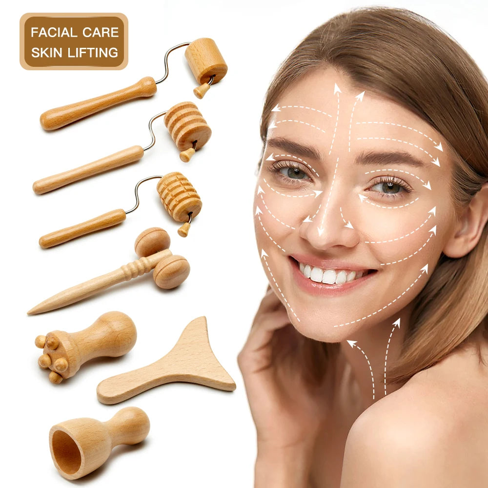 Set of various wooden facial massage rollers and sculpting tools next to a woman with facial lift guide arrows.