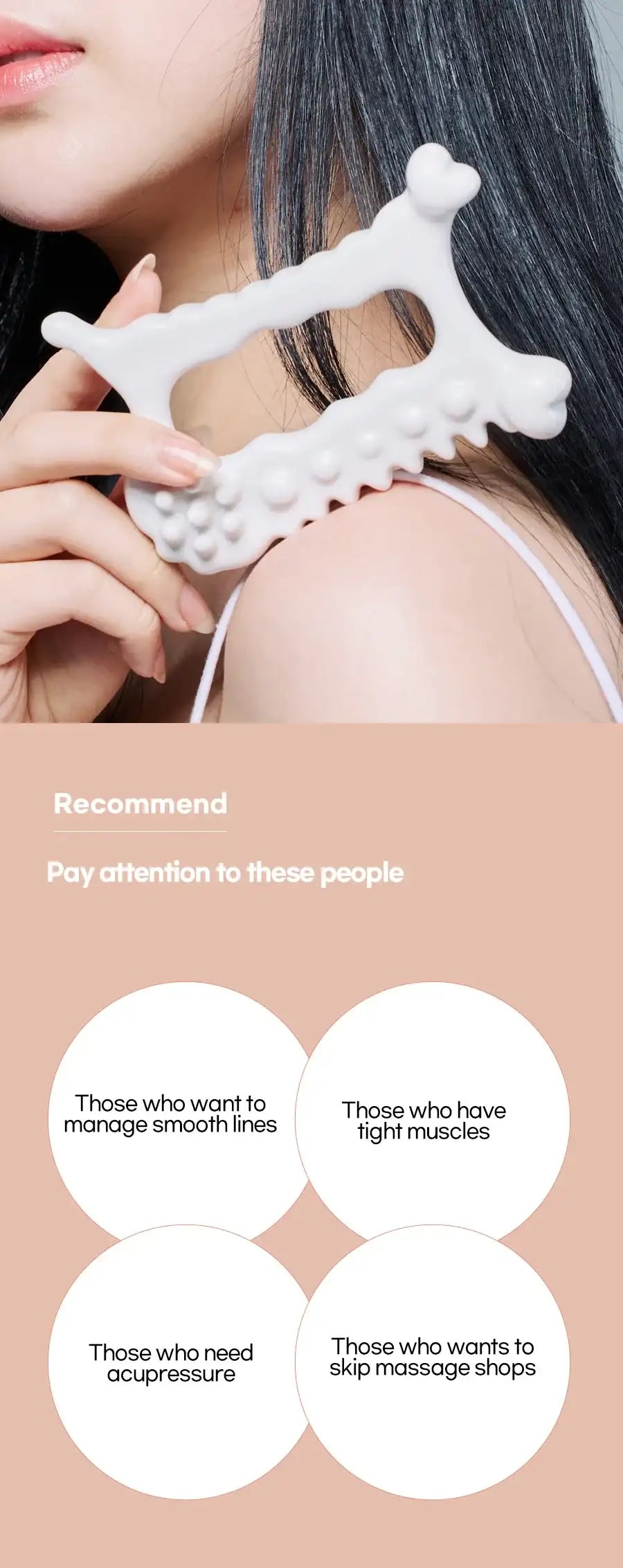 A person holding a white, textured ceramic gua sha massage tool against their shoulder.