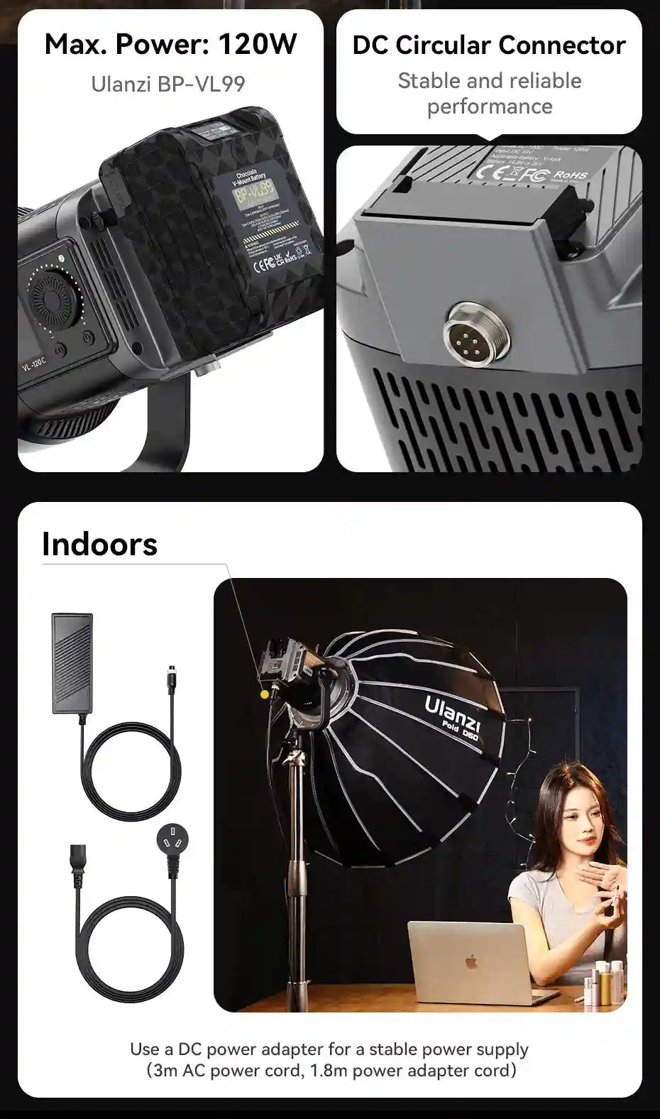 VL-120C LED video light with V-mount battery, circular DC connector, and AC power adapter for indoor studio lighting.