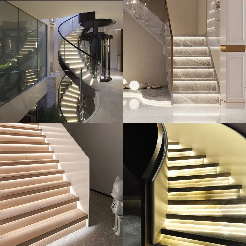 Indoor LED stair steps with warm-white strip lighting along each tread