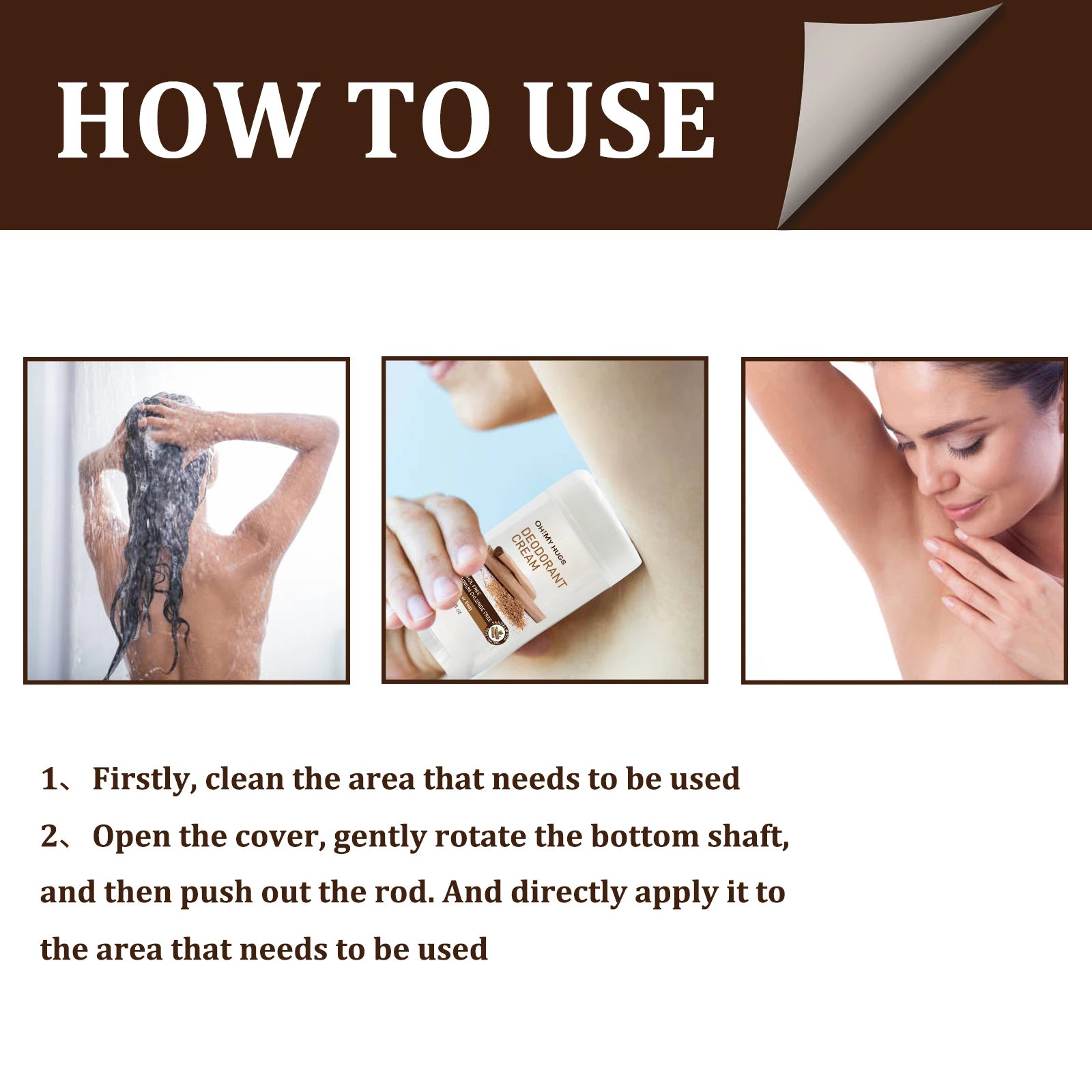 Instructional infographic for Persistent Sandalwood Armpit Fresh Deodorizing Cream, showing application steps.