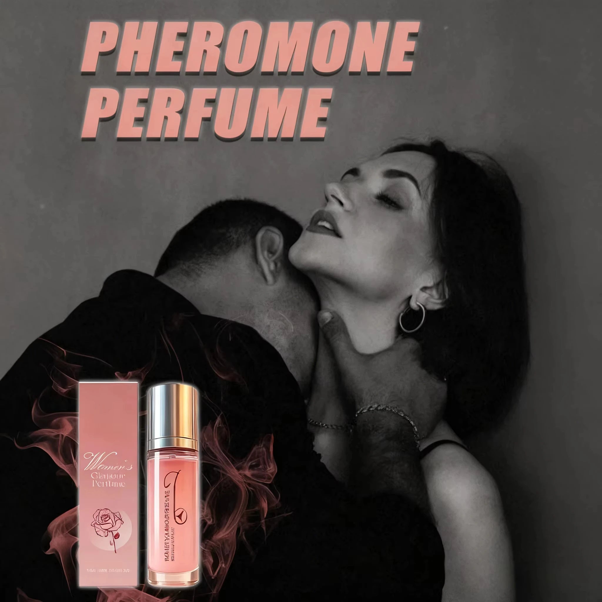 Pink pheromone perfume in a tall, rectangular glass bottle with a gold cap, next to its matching pink cardboard box.