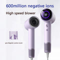 Purple high-speed ionic hair dryer with LED display, 1600W power, and magnetic nozzle for fast, smooth styling.