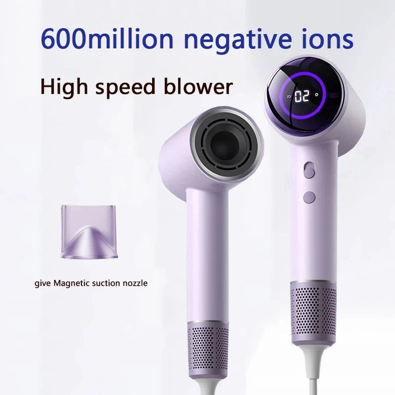 Purple high-speed ionic hair dryer with LED display, 1600W power, and magnetic nozzle for fast, smooth styling.