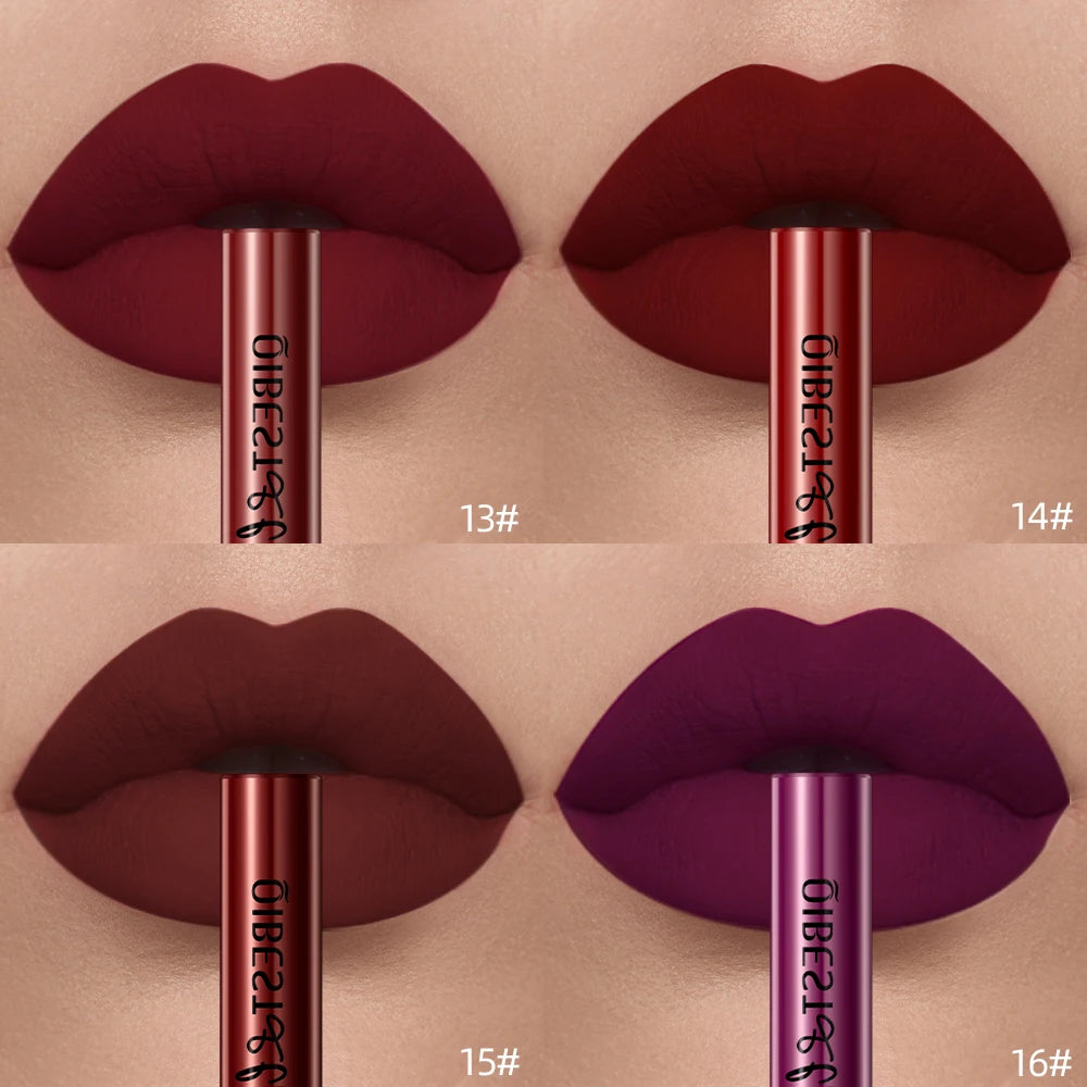 QIBEST long-lasting velvet liquid lipstick shades in red and berry with a smooth, nonstick matte finish on lips.