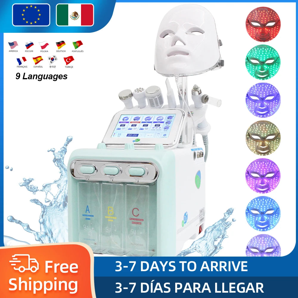 7-in-1 water dermabrasion facial machine with LED light therapy mask for deep cleansing, skin tightening, and acne care.