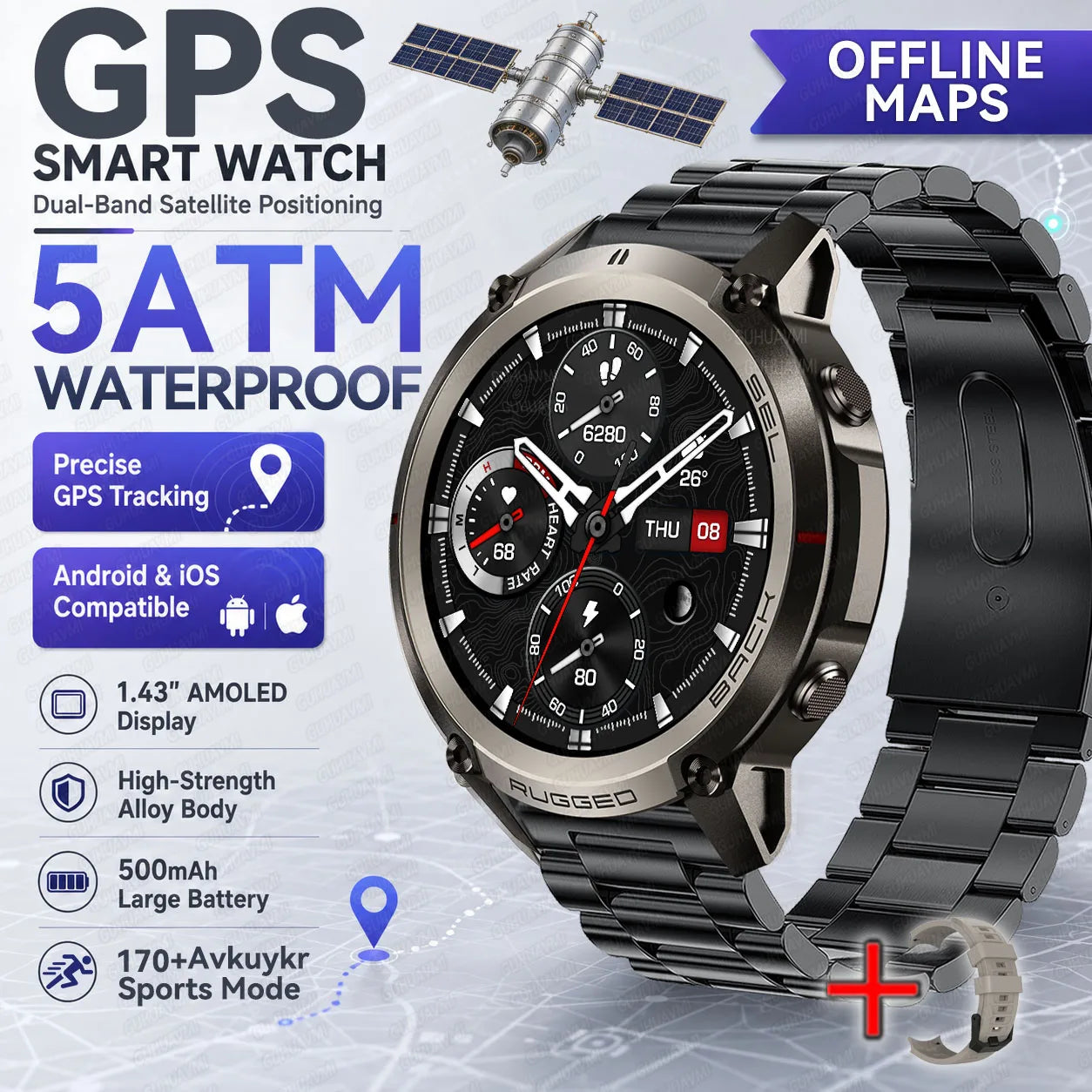 New Outdoor Sport GPS Position Smart Watch Men 1.43'AMOLED 170+Sport Mode 5ATM Waterproof Heart Rate Fitness Tracker Bracelets