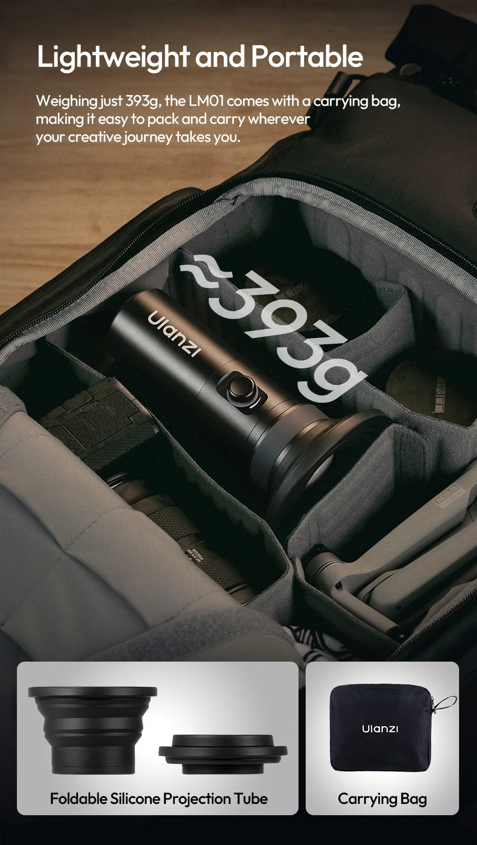 LM01 portable cylindrical projection light in a camera bag with a foldable silicone tube and black carrying case.