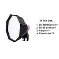 Pink ZC-100BI LED light with octagonal ZC-40 softbox, power adapter, and cord for photography lighting.