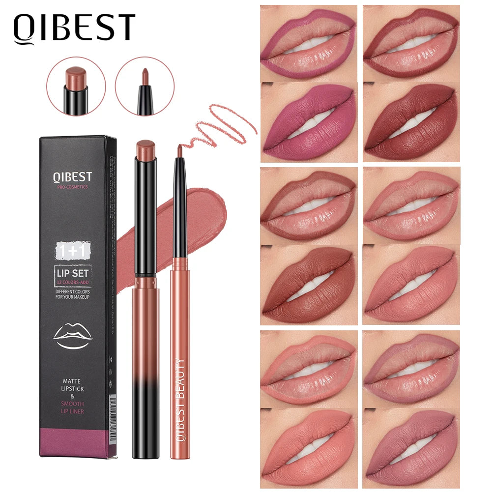 QIBEST 2pcs matte lipstick and velvet lip liner set featuring pigment-rich nude, pink, and red long-lasting colors.
