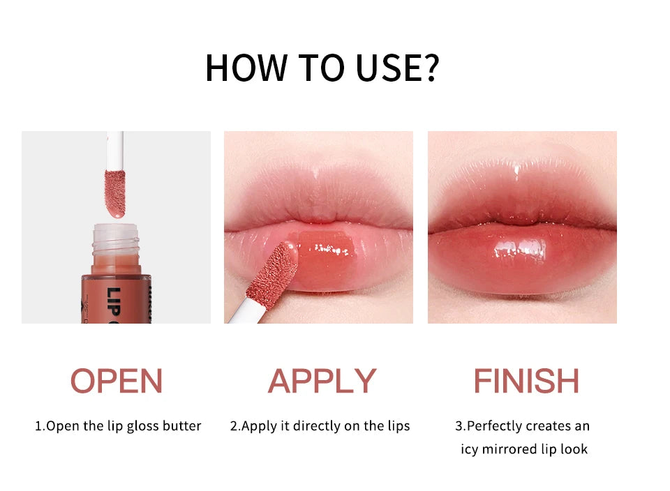Moisturizing non-stick lip gloss showing applicator and application for a long-lasting, icy mirrored lip glaze finish.