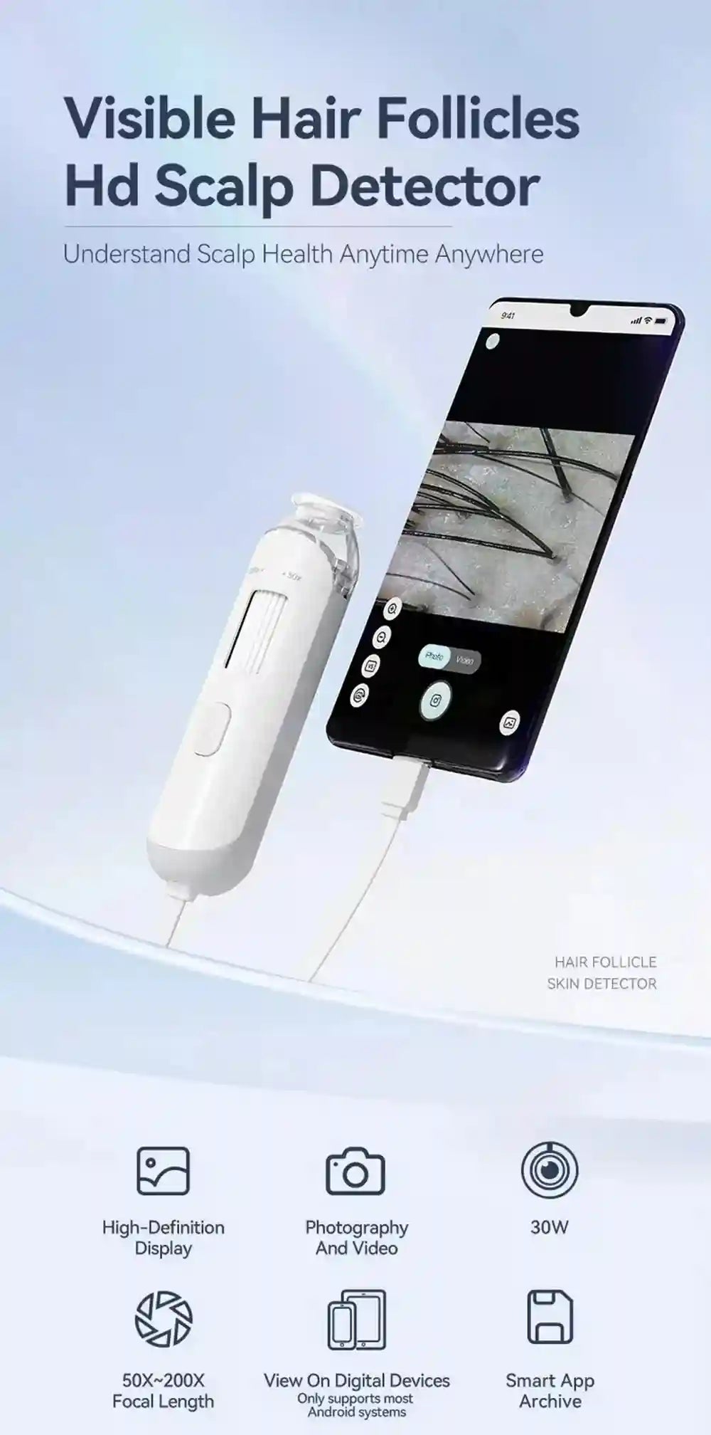 White digital HD scalp hair follicle detector with 50X-200X zoom connected to a smartphone for skin analysis.