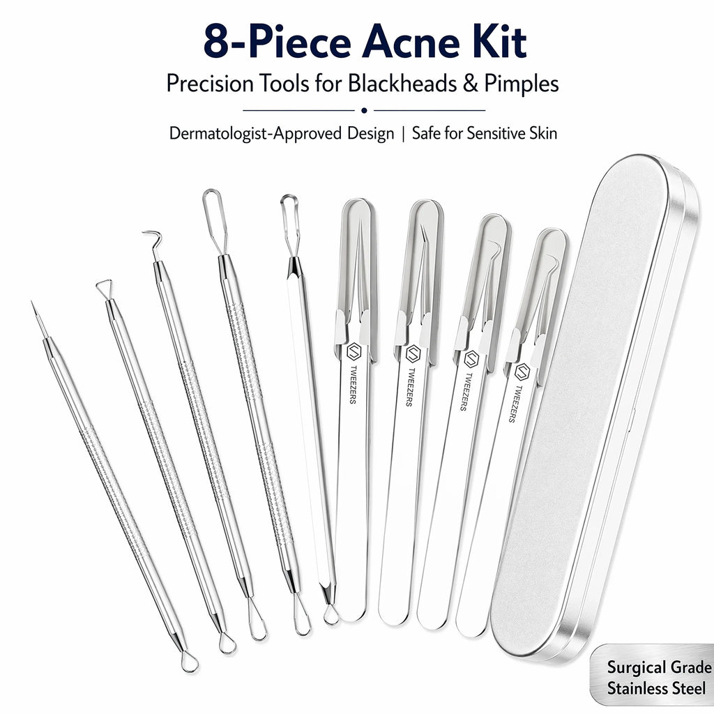 Stainless Steel Acne Needle Set of 8 Pieces, High-Density Blackhead Tweezers, Professional Acne Extraction Needles, Tool for Removing Closed Comedones, Portable Storage Set for Home and Beauty Salon Use