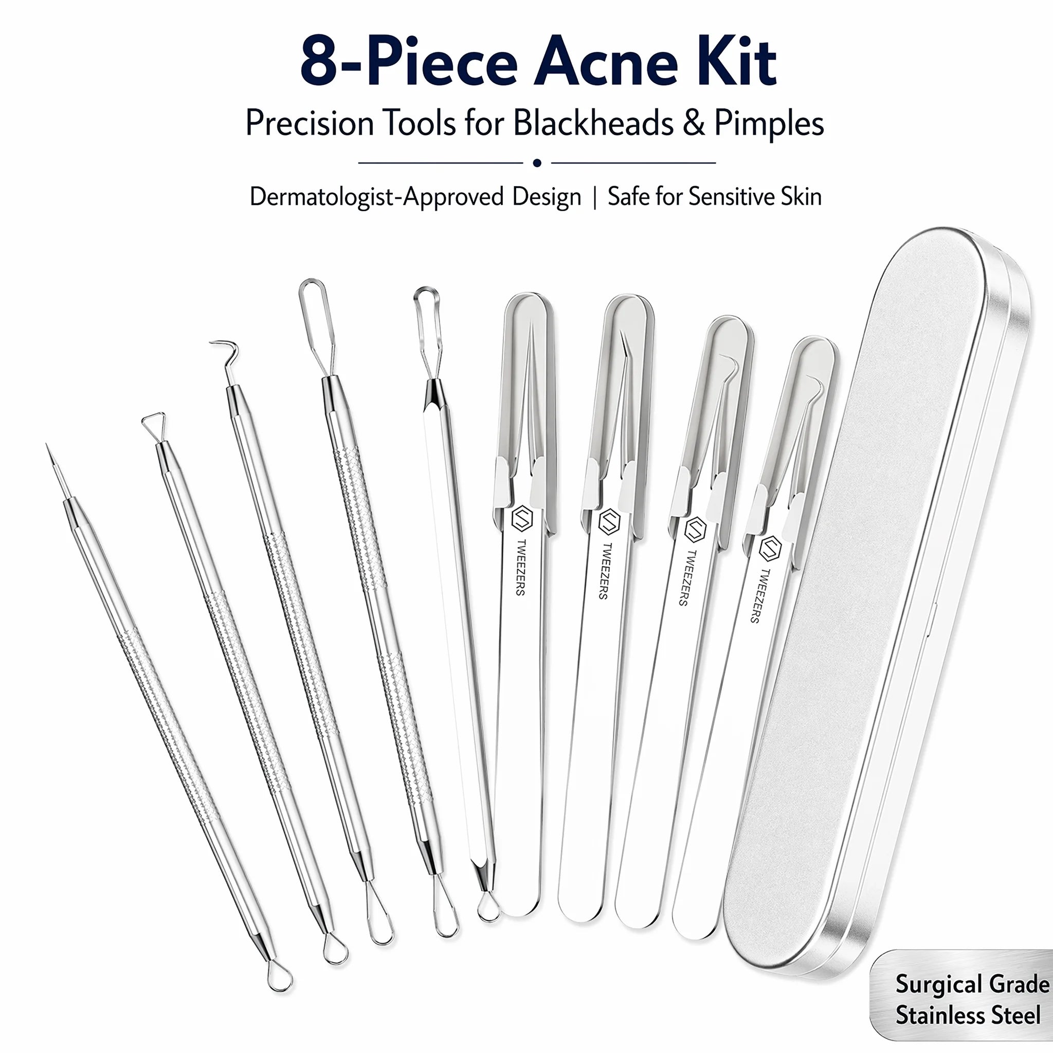 Stainless Steel Acne Needle Set of 8 Pieces, High-Density Blackhead Tweezers, Professional Acne Extraction Needles, Tool for Removing Closed Comedones, Portable Storage Set for Home and Beauty Salon Use