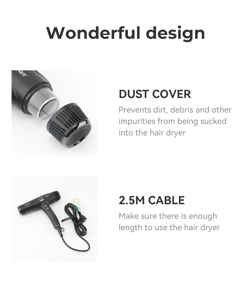 VGR V-469 professional hair dryer with removable dust cover, black finish, and 2.5m long power cable for salon use.