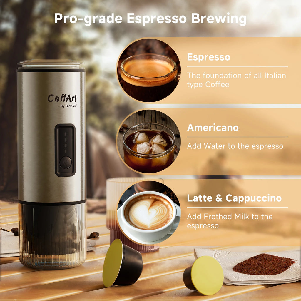 CoffArt by BioloMix portable silver stainless steel espresso maker for coffee capsules and grounds on a table.