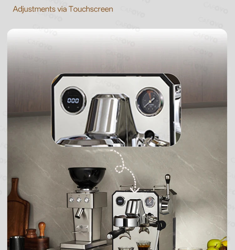 Cafovo espresso machine with silver chrome finish, digital touchscreen, pressure gauge, and portafilter in kitchen.