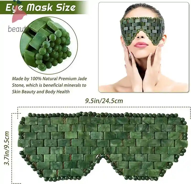 Natural jade stone eye mask for cooling therapy and face massage, reusable green stone sleep mask for relaxing relief.