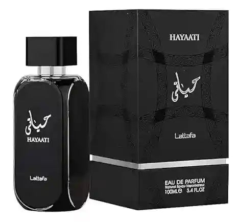 Lattafa Hayaati Eau de Parfum for men in a sleek black bottle and gift box, a long-lasting Arabic aromatic fragrance.