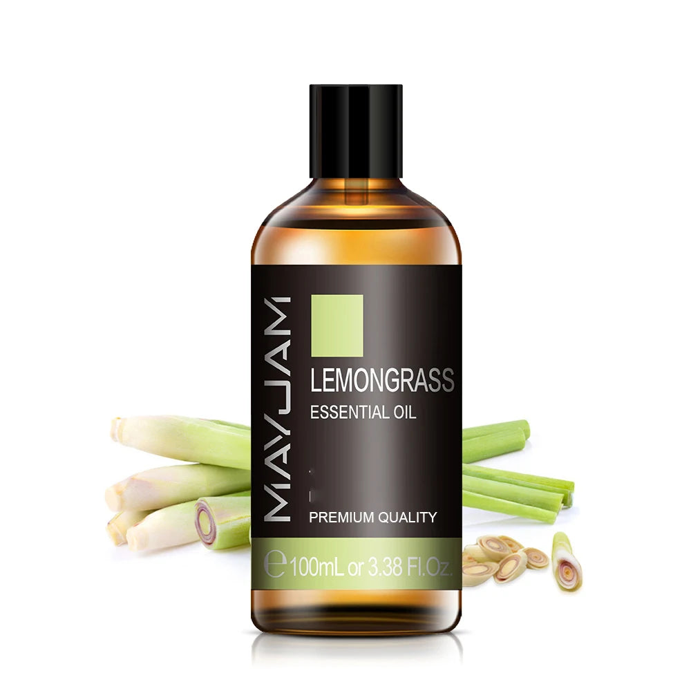 Lemongrass essential oil bottle, amber glass with black pump cap, 100ml label